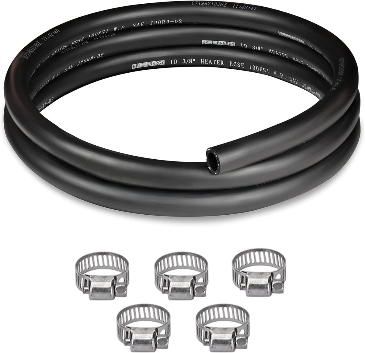 [5FT] EVIL ENERGY heater hose with clamps, 5FT coolant radiator hose, straight design, includes 5 clamps, 100 PSI rated, SAE 20R3 standard, black.