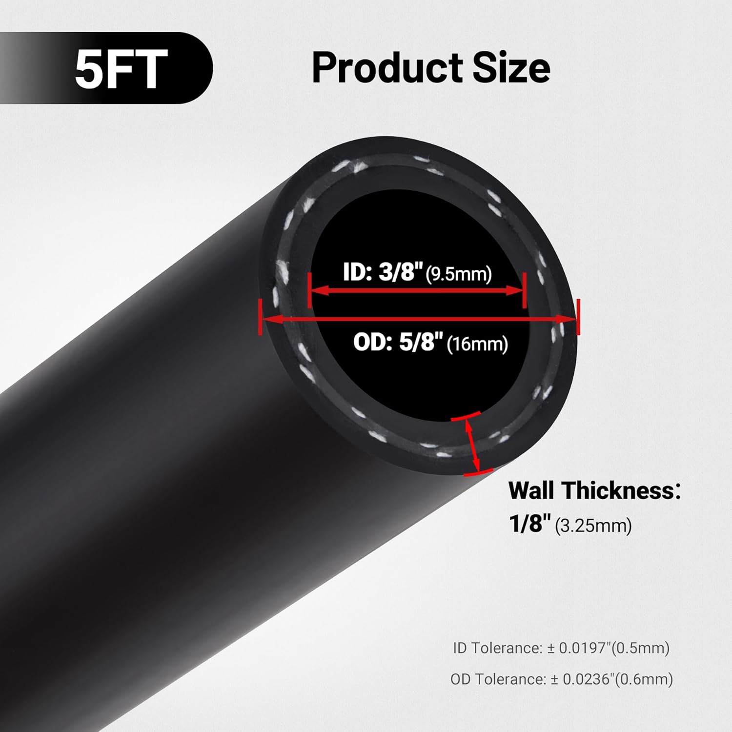 [5FT,3/8inch] EVIL ENERGY heater hose size chart: 3/8 inch ID, 5/8 inch OD, 5FT length. EVIL ENERGY heater hose with clamps, 5FT coolant radiator hose, includes 5 clamps, 100 PSI rated, SAE 20R3 standard, black. 