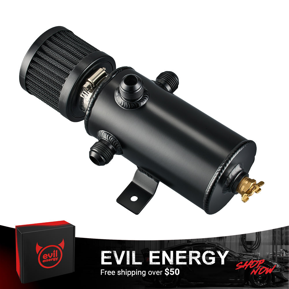 EVIL ENERGY 3 Port Baffled 750ML PCV Oil Catch Can Kit with Breather Filter, Air Oil Separator with Drain Valve & CPE Fuel Line Kit - EVILENERGY