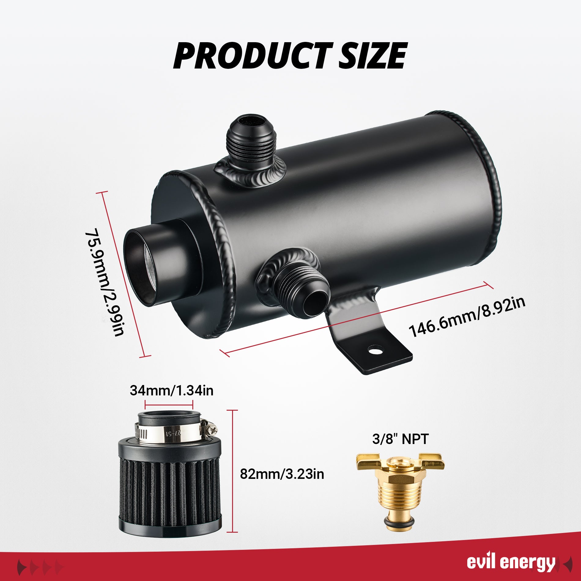 EVIL ENERGY 3 Port Baffled 750ML PCV Oil Catch Can Kit with Breather Filter, Air Oil Separator with Drain Valve & CPE Fuel Line Kit - EVILENERGY