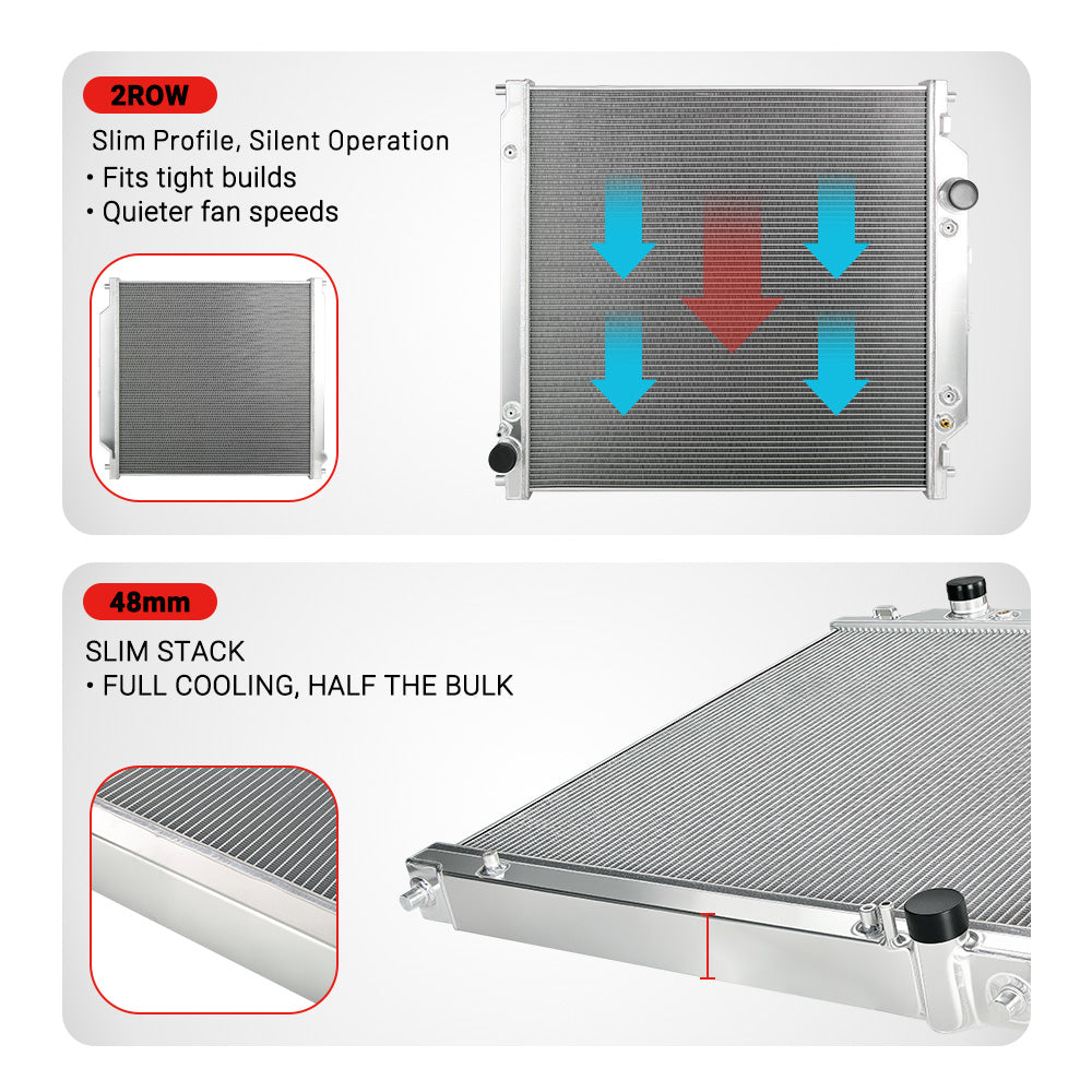 EVIL ENERGY 2-Row Aluminum Radiator Features – Slim Profile, Quiet Operation, 48mm Stack for Tight Spaces