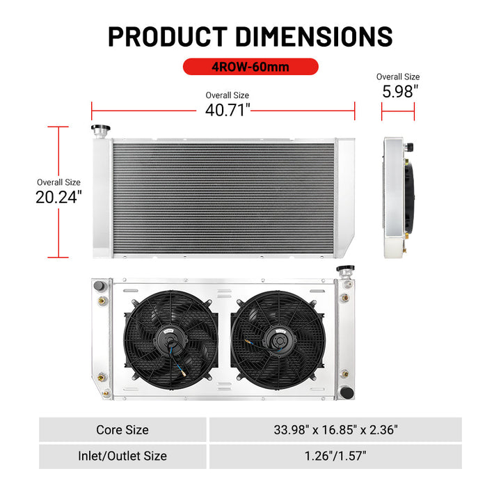 EVIL ENERGY 4 row radiator core size – 33.98 x 16.85 x 2.36 inch, LS swap radiator sizing chart – inlet 1.26", outlet 1.57"