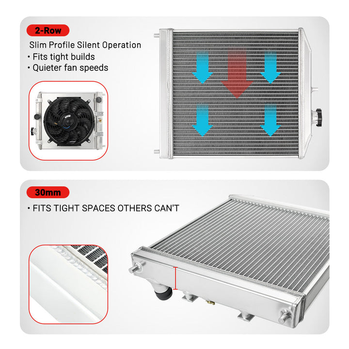 EVIL ENERGY 2-Row Aluminum Radiator Features – Slim profile (quiet operation), 30mm dense stack for tight spaces