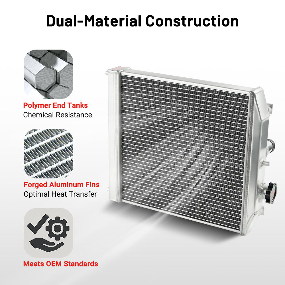 EVIL ENERGY 2-Row Aluminum Radiator Construction – Polymer end tanks, forged aluminum fins, meets OEM standards