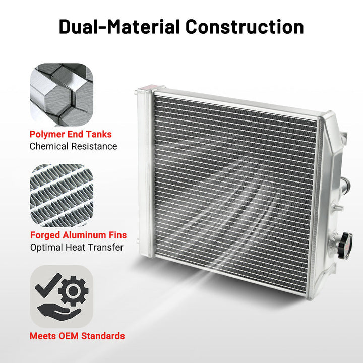 EVIL ENERGY 2-Row Aluminum Radiator Construction – Polymer end tanks, forged aluminum fins, meets OEM standards