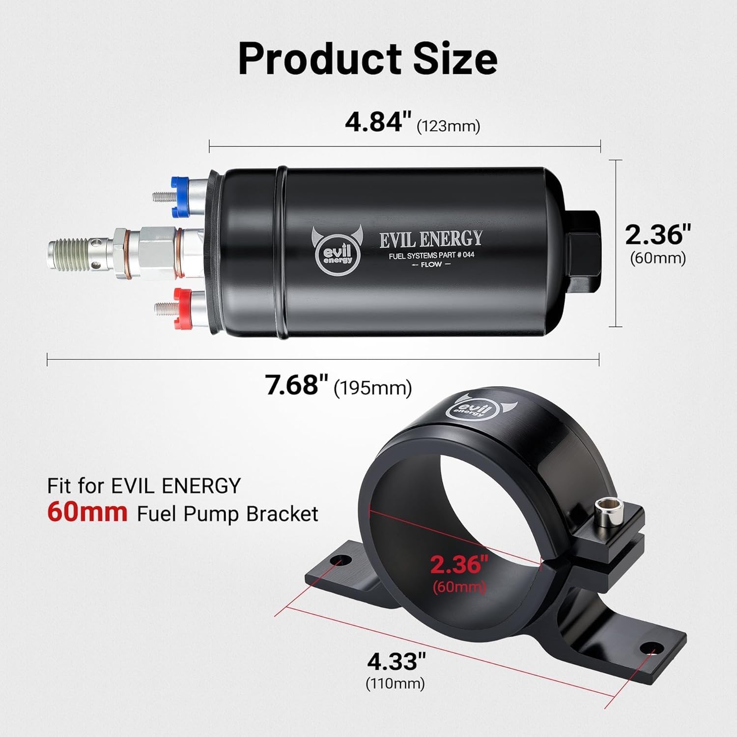 EVIL ENERGY 300LPH Fuel Pump size diagram with 60mm fuel pump bracket dimensions for external inline fuel pump installation