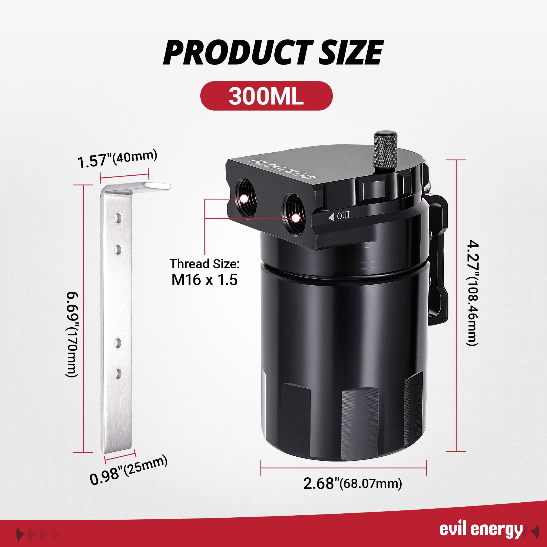 EVIL ENERGY 300ml Baffled Oil Catch Can, Aluminum Air Oil Separator 2 Port with 6AN/8AN/10AN CPE Fuel Hose & Fitting Kits - EVILENERGY