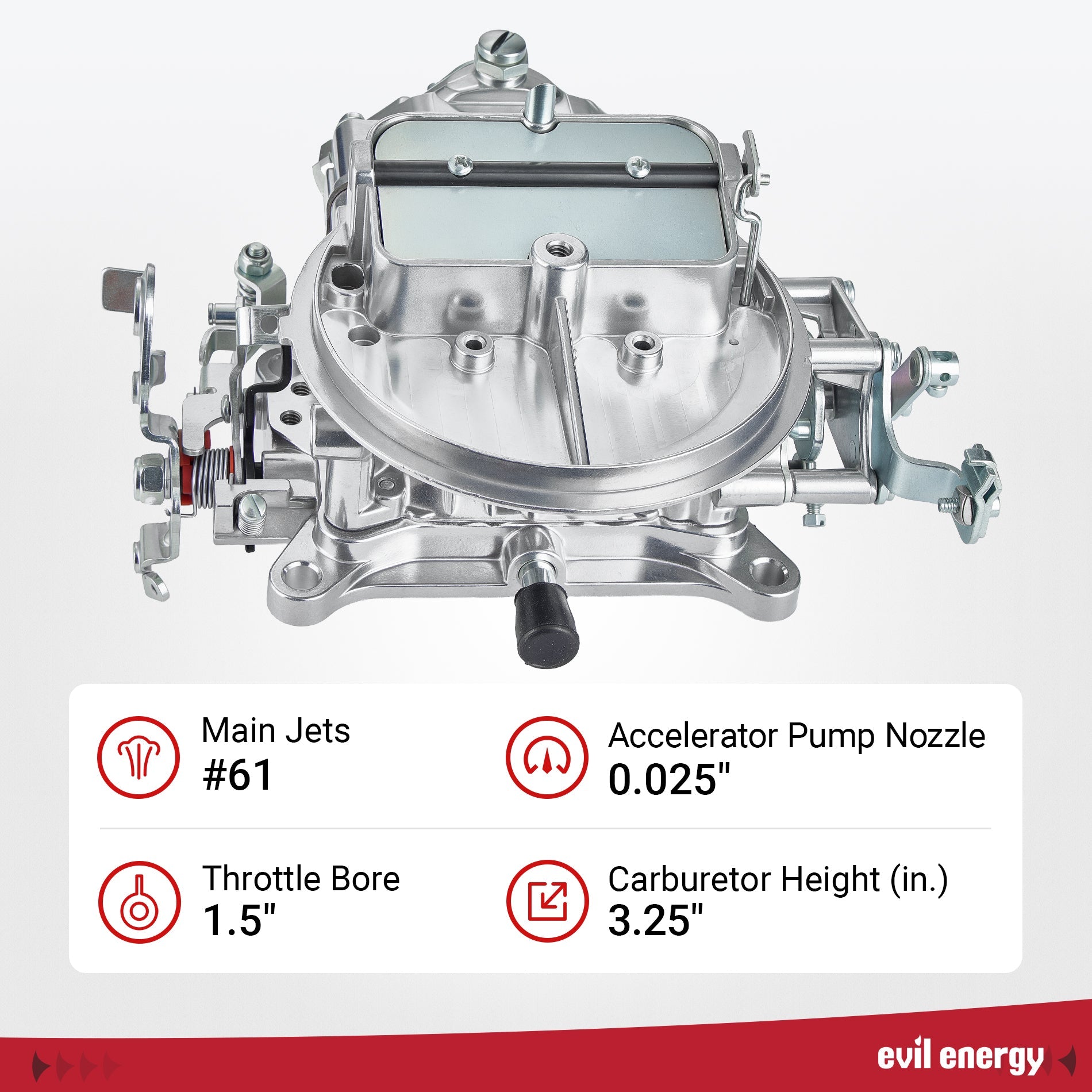 Evil Energy carburetor technical details showing main jets #61, 0.025-inch accelerator pump nozzle, 1.5-inch throttle bore, and 3.25-inch height