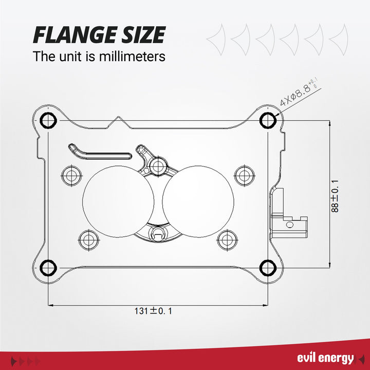Carburetor flange diagram with millimeter dimensions for Evil Energy 2-barrel carburetor, including bore and bolt spacing