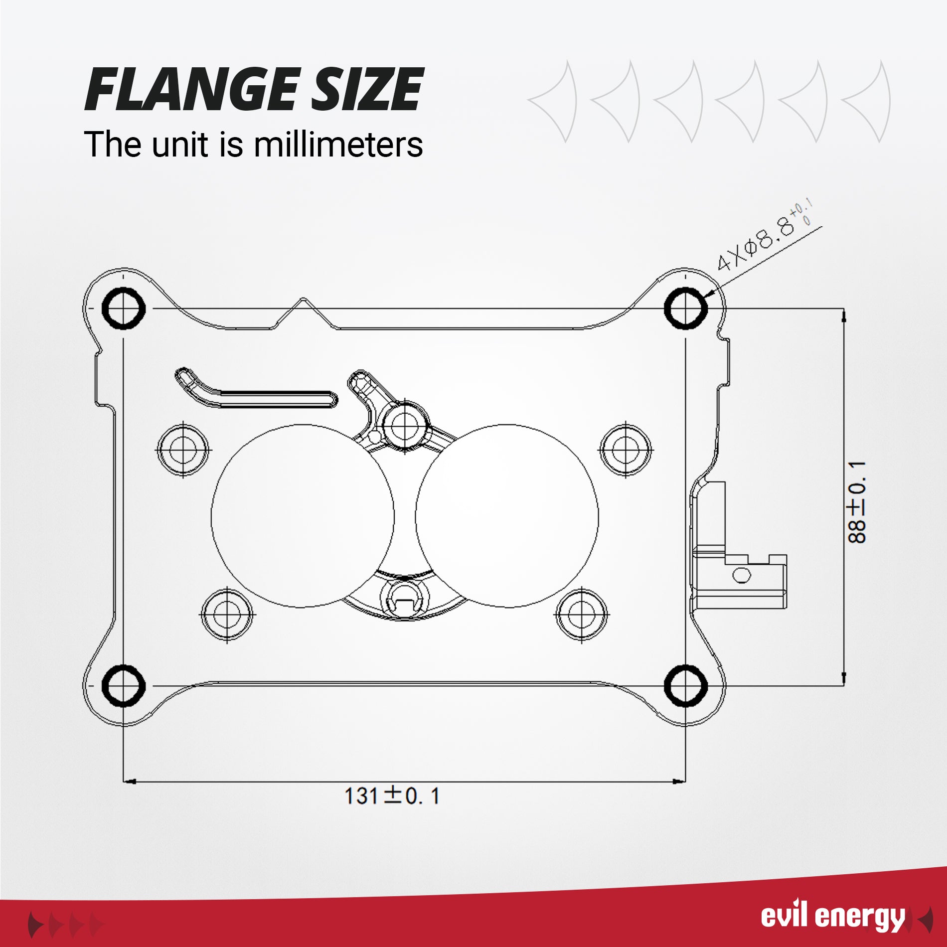 Carburetor flange diagram with millimeter dimensions for Evil Energy 2-barrel carburetor, including bore and bolt spacing