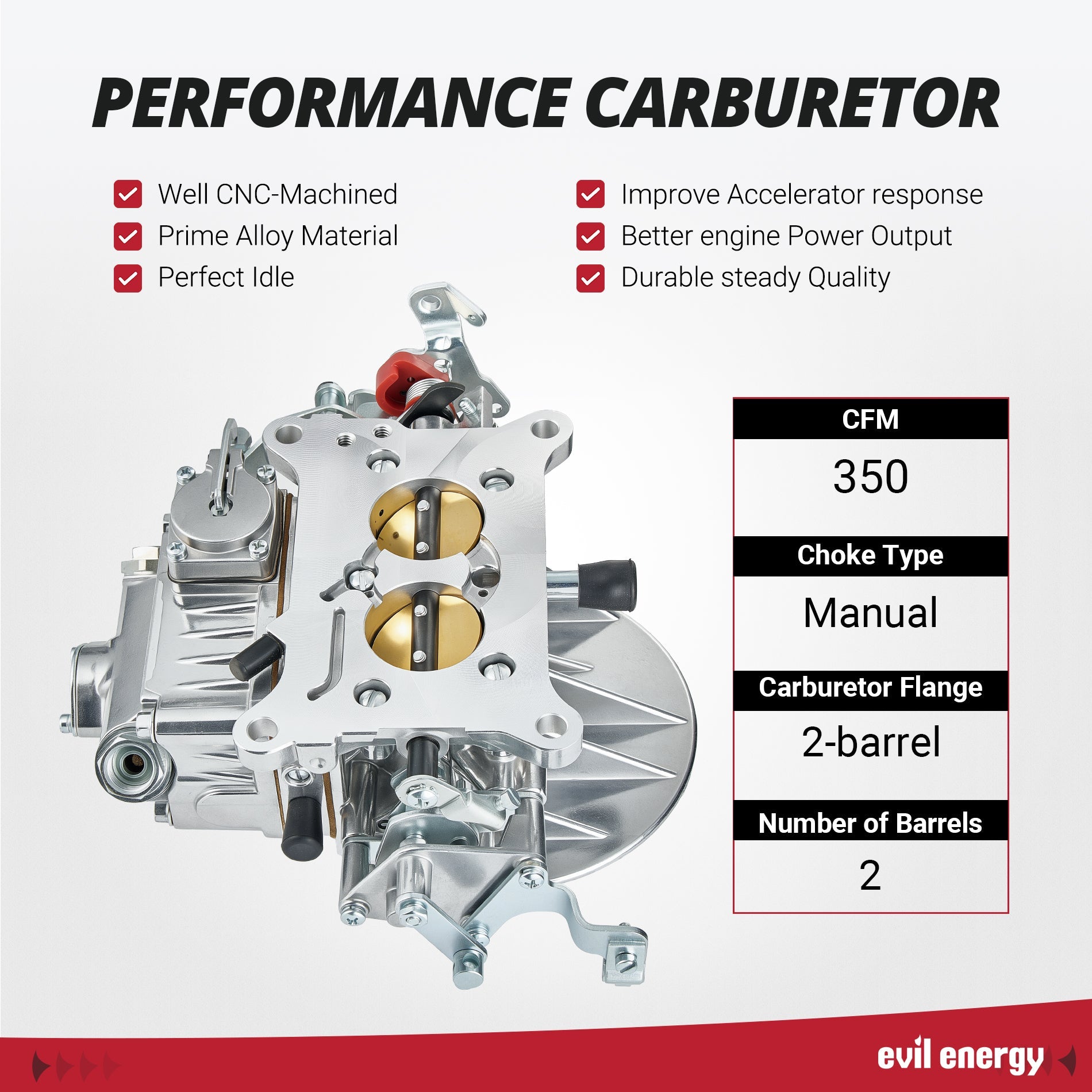 Evil Energy performance carburetor specifications: 350 CFM, manual choke, 2-barrel flange, CNC-machined body, prime alloy material