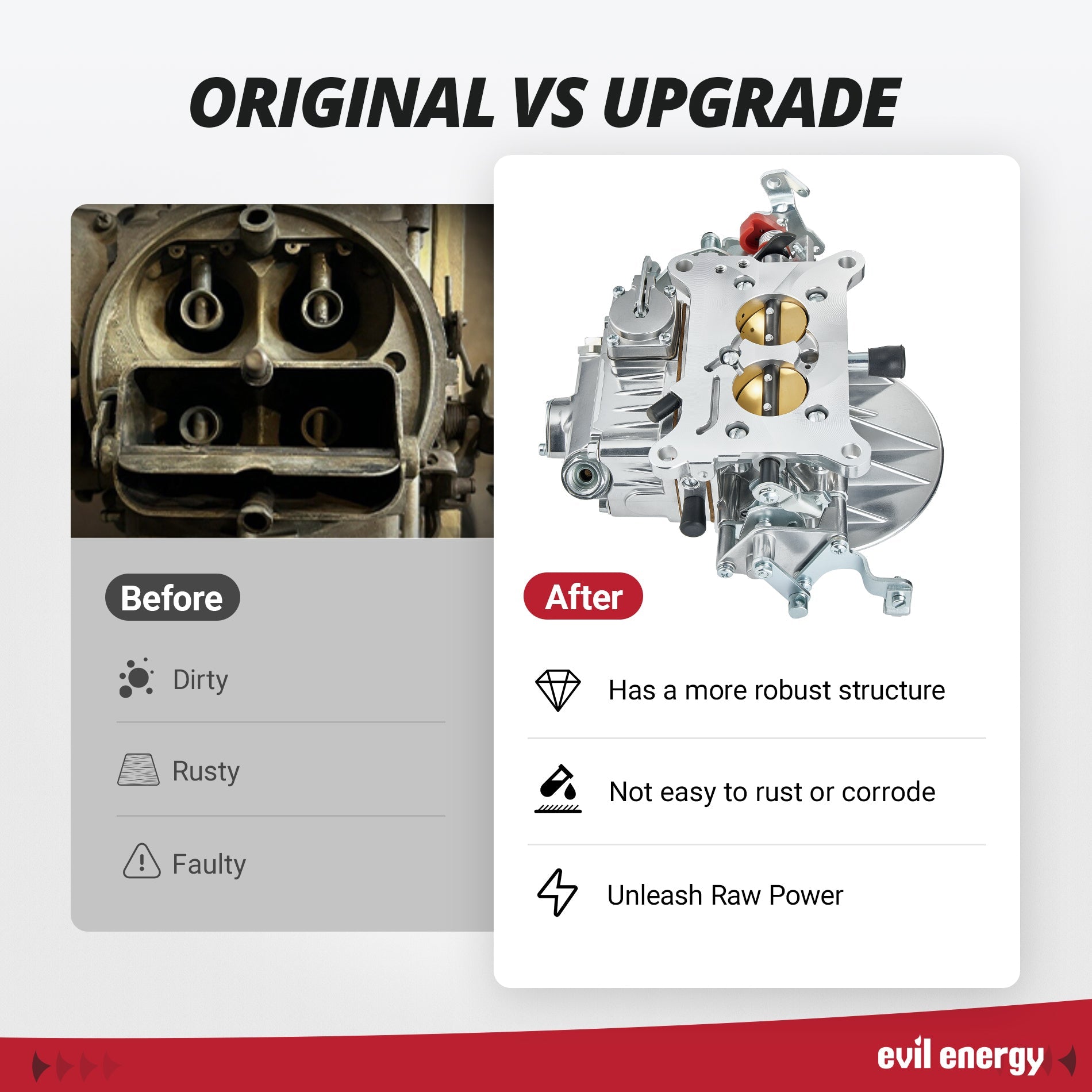 Comparison of old dirty carburetor vs upgraded Evil Energy carburetor with corrosion resistance, stronger structure, and raw power output