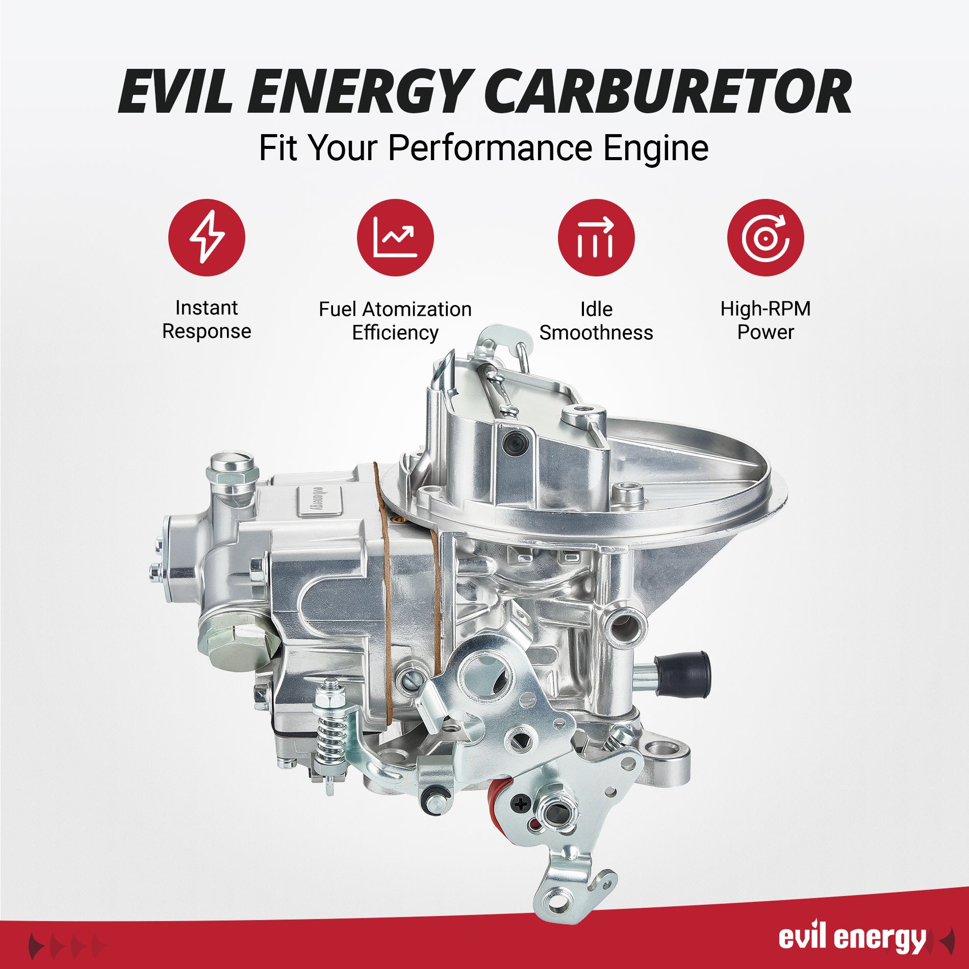 Evil Energy 350 CFM 2-barrel carburetor promoting instant response, fuel atomization efficiency, idle smoothness, and high-RPM power