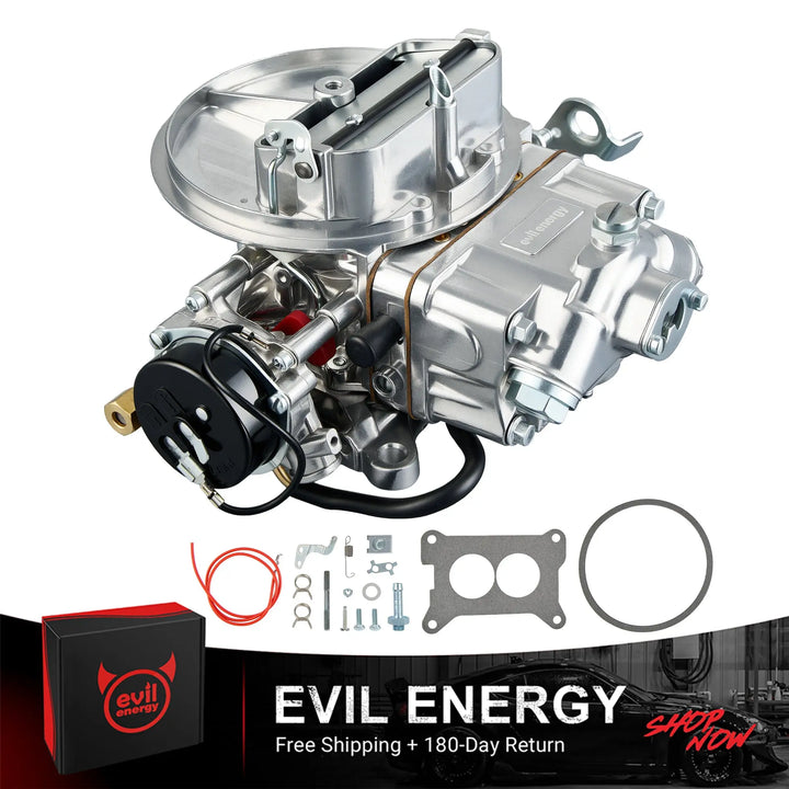 EVIL ENERGY 350 CFM 2-barrel Carburetor with full installation kit including gaskets, hardware, and electric choke – free shipping and 180-day return.