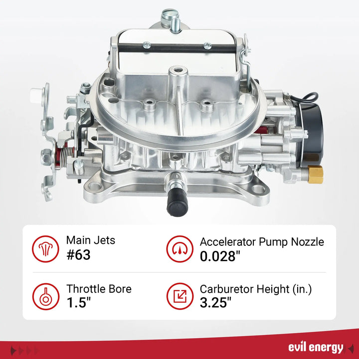 Front view of EVIL ENERGY 350 CFM 2-barrel Carburetor highlighting key specifications: #63 main jets, 0.028" accelerator pump nozzle, 1.5 inch throttle bore, 3.25 inch height.