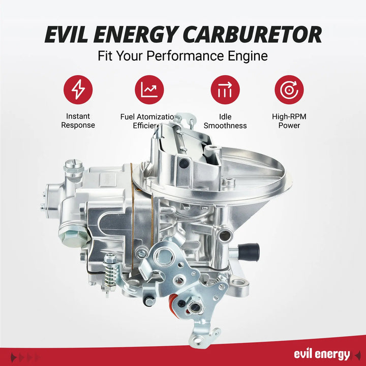 Side profile of EVIL ENERGY 350 CFM 2-barrel Carburetor emphasizing quick throttle response, high-RPM output, and idle stability for performance engines.