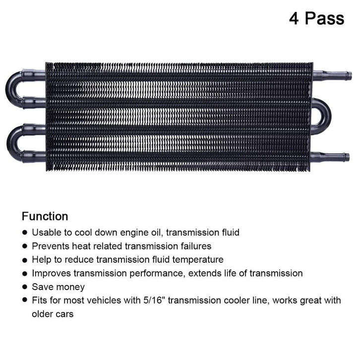 4-Pass Aluminum Transmission Cooler Kit – Universal Tube & Fin Oil Cooler, 6 AN Inlet/Outlet, Powder Coated