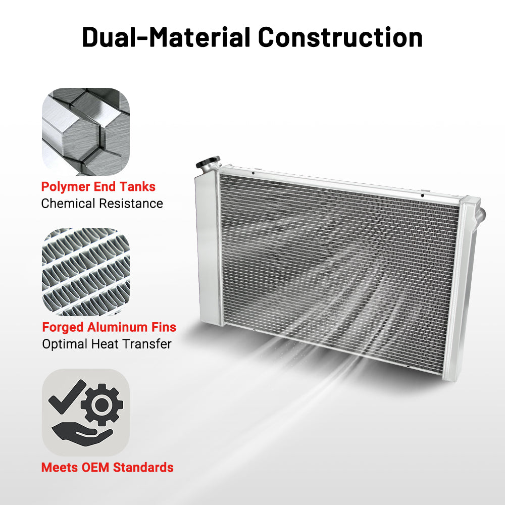 EVIL ENERGY Car radiator with dual-material construction featuring polymer end tanks for chemical resistance, forged aluminum fins for optimal heat transfer, meeting OEM standards