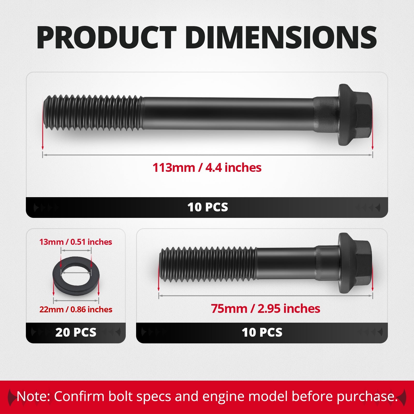 EVIL ENERGY Cylinder Head Bolt Kit Product Dimensions - 113mm & 75mm Bolts, Washer Specs