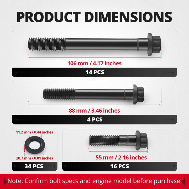 EVIL ENERGY Cylinder Head Bolt Kit Product Dimensions - 106mm, 88mm, 55mm Bolts & Washer Specs