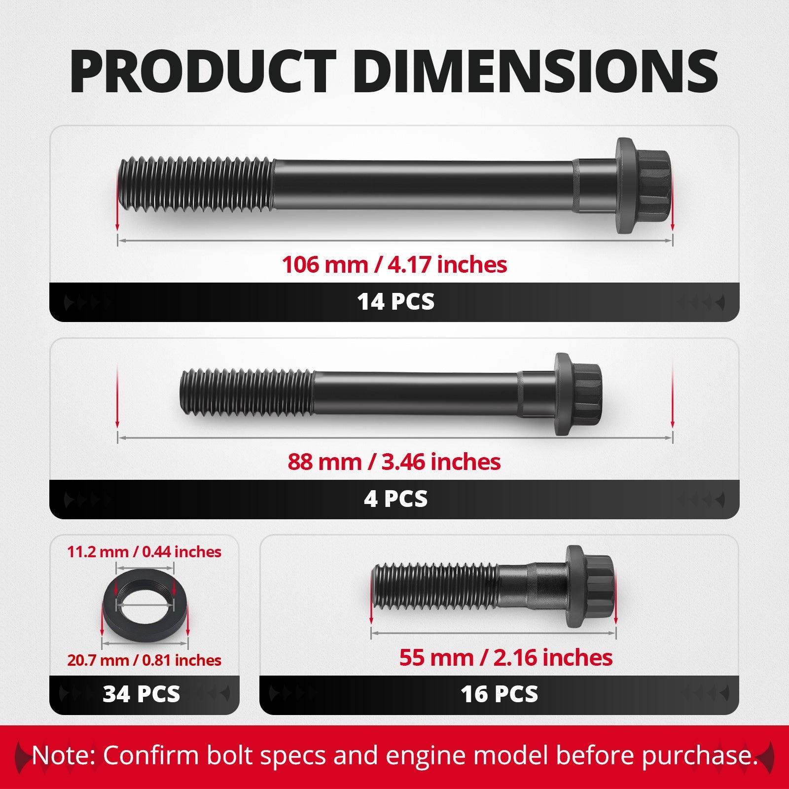 EVIL ENERGY Cylinder Head Bolt Kit Product Dimensions - 106mm, 88mm, 55mm Bolts & Washer Specs