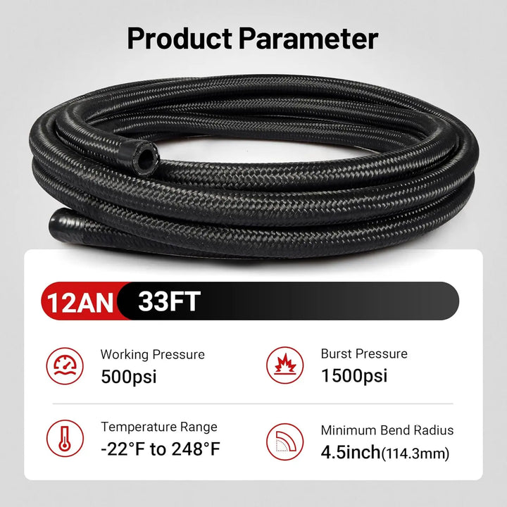 EVILENERGY EVIL ENERGY 12AN Fuel Line Kit 33FT, 12AN Nylon Braided Fuel Line Hose with 24PCS Fittings Kit CPE Fuel Hose[12AN]