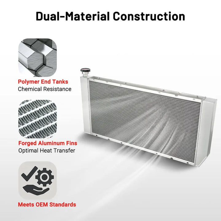 4 row aluminium car radiator with polymer end tanks, forged fins, chemical resistance, and OEM-compliant performance features