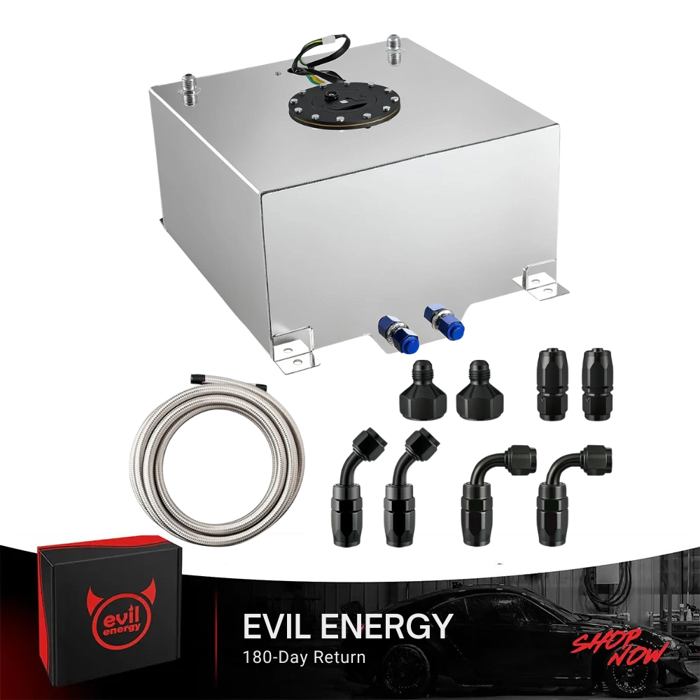 [Silver,Silver line] EVIL ENERGY 10 Gallon Silver Fuel Cell Kit with 1060-H24 aluminum tank, CPE fuel line, and AN fittings — perfect for car fuel tank upgrades and custom automotive fuel cell setups.