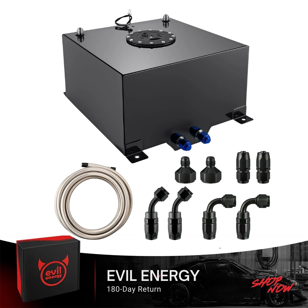 [Black,Silver line] EVIL ENERGY 10 Gallon Black Fuel Cell Kit with 1060-H24 aluminum tank, CPE fuel line, and AN fittings — ideal for car fuel tank upgrades and automotive fuel cell replacements.