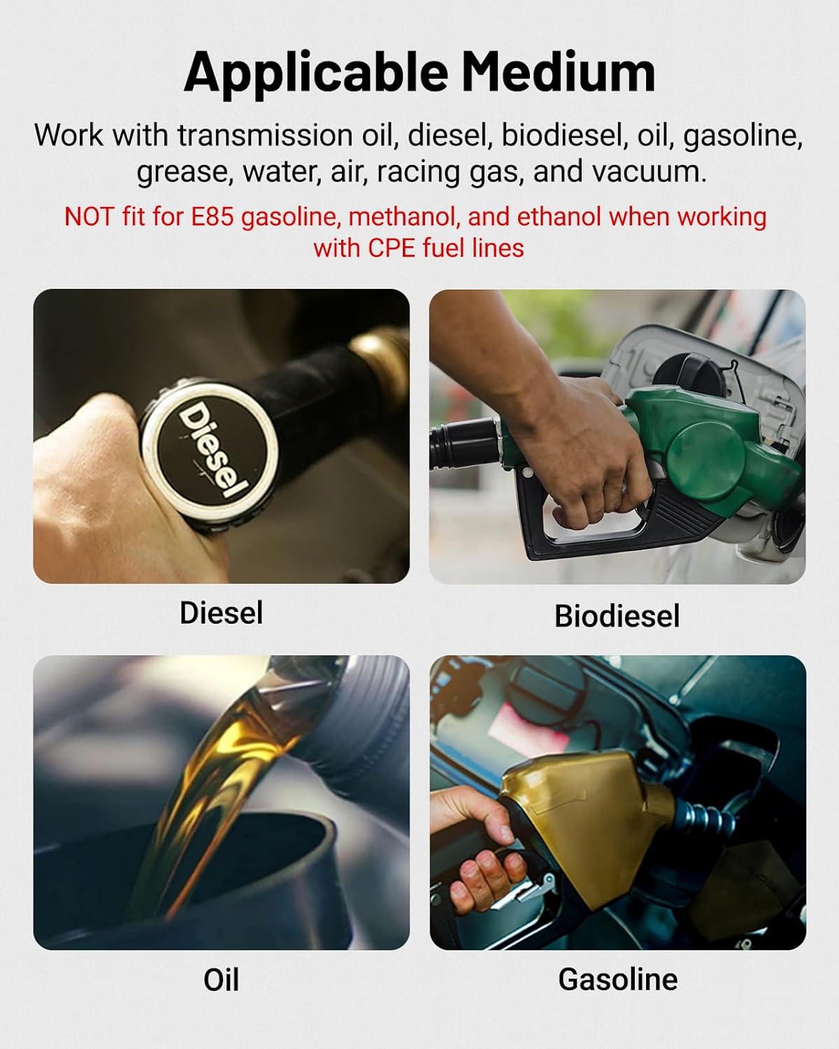 EVIL ENERGY automotive fuel cell kit compatible with diesel, biodiesel, gasoline, and oil. Not suitable for E85, methanol, or ethanol with CPE fuel lines.