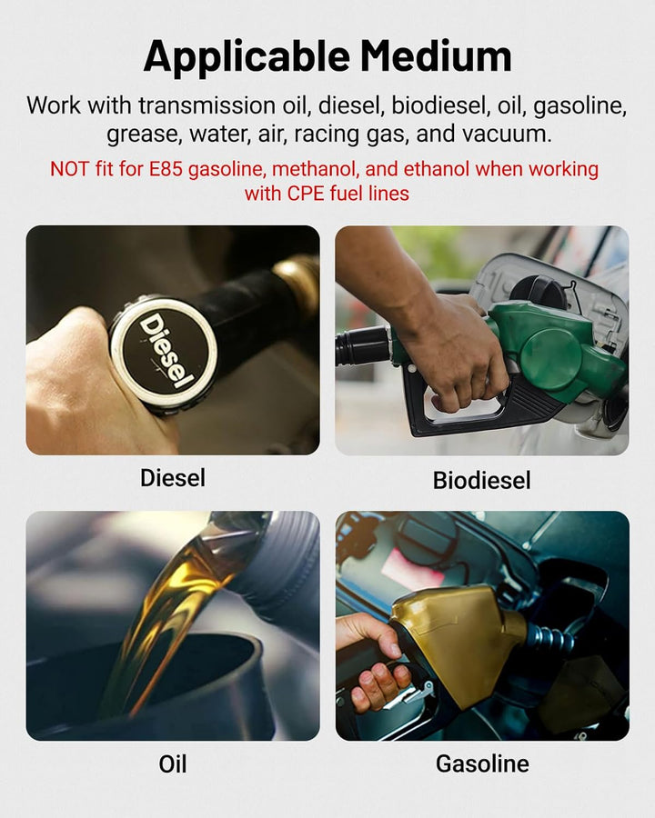 EVIL ENERGY automotive fuel cell kit compatible with diesel, biodiesel, gasoline, and oil. Not suitable for E85, methanol, or ethanol with CPE fuel lines.