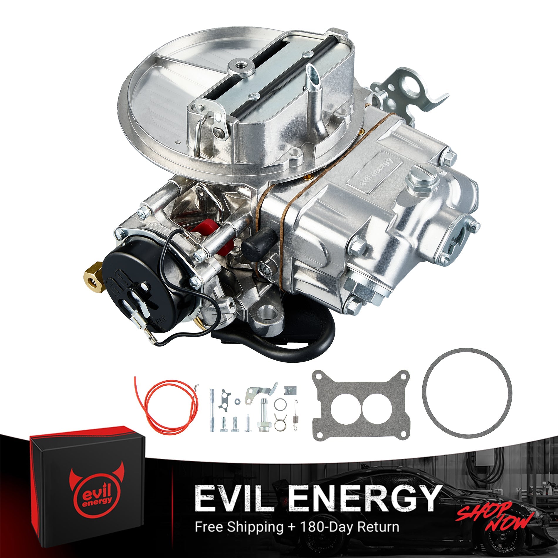 EVIL ENERGY 500 CFM 2-barrel Street Carburetor with gasket, mounting hardware, and fuel line included for easy installation