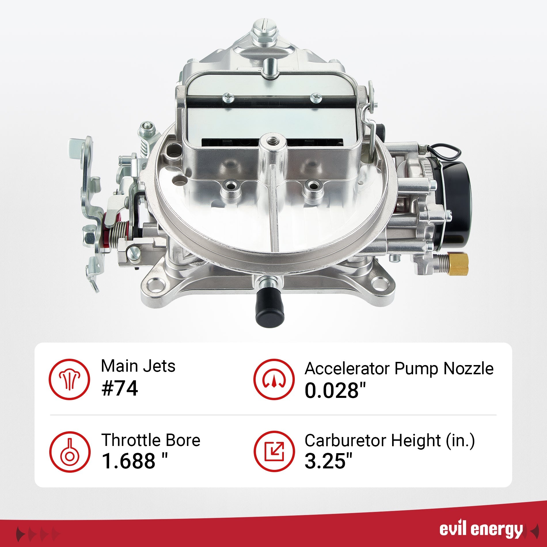 Front view of EVIL ENERGY 500 CFM 2-barrel Street Carburetor showing main jets, throttle bore, and electric choke system