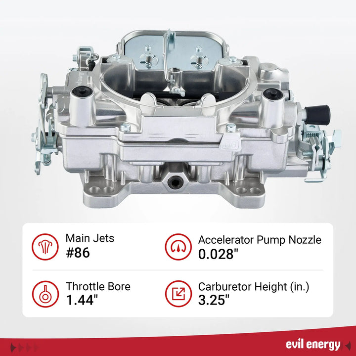 Front view of EVIL ENERGY 500 CFM 4-barrel Carburetor showing jet size, throttle bore, and height