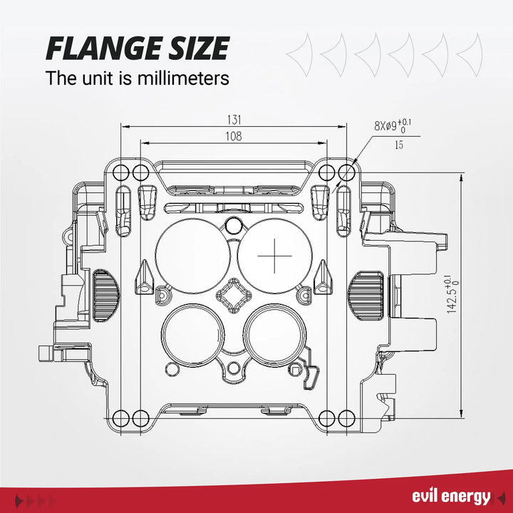 Technical flange size diagram for EVIL ENERGY 500 CFM 4-barrel Carburetor in millimeters