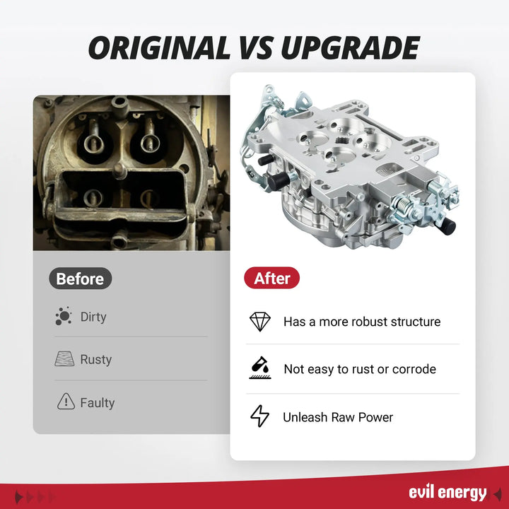Comparison of old vs upgraded EVIL ENERGY 500 CFM 4-barrel Carburetor showing improved structure and durability