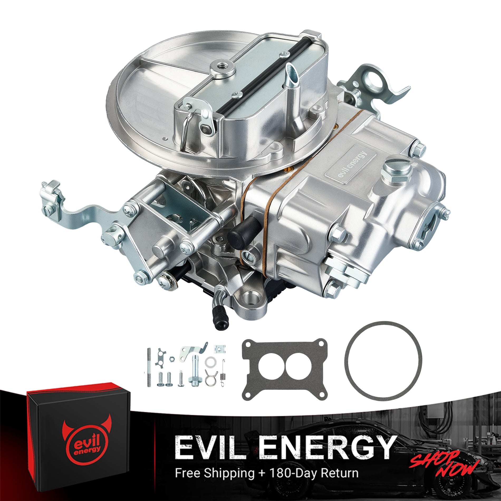 EVIL ENERGY 500 CFM 2-barrel performance carburetor with complete kit including gasket, mounting hardware, and branded box – free shipping and 180-day return guarantee