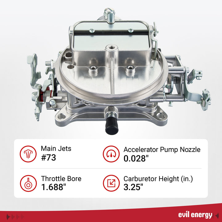 EVIL ENERGY 500 CFM carburetor specifications: Main Jets #73, Accelerator Pump Nozzle 0.028", Throttle Bore 1.688", Carburetor Height 3.25 inches