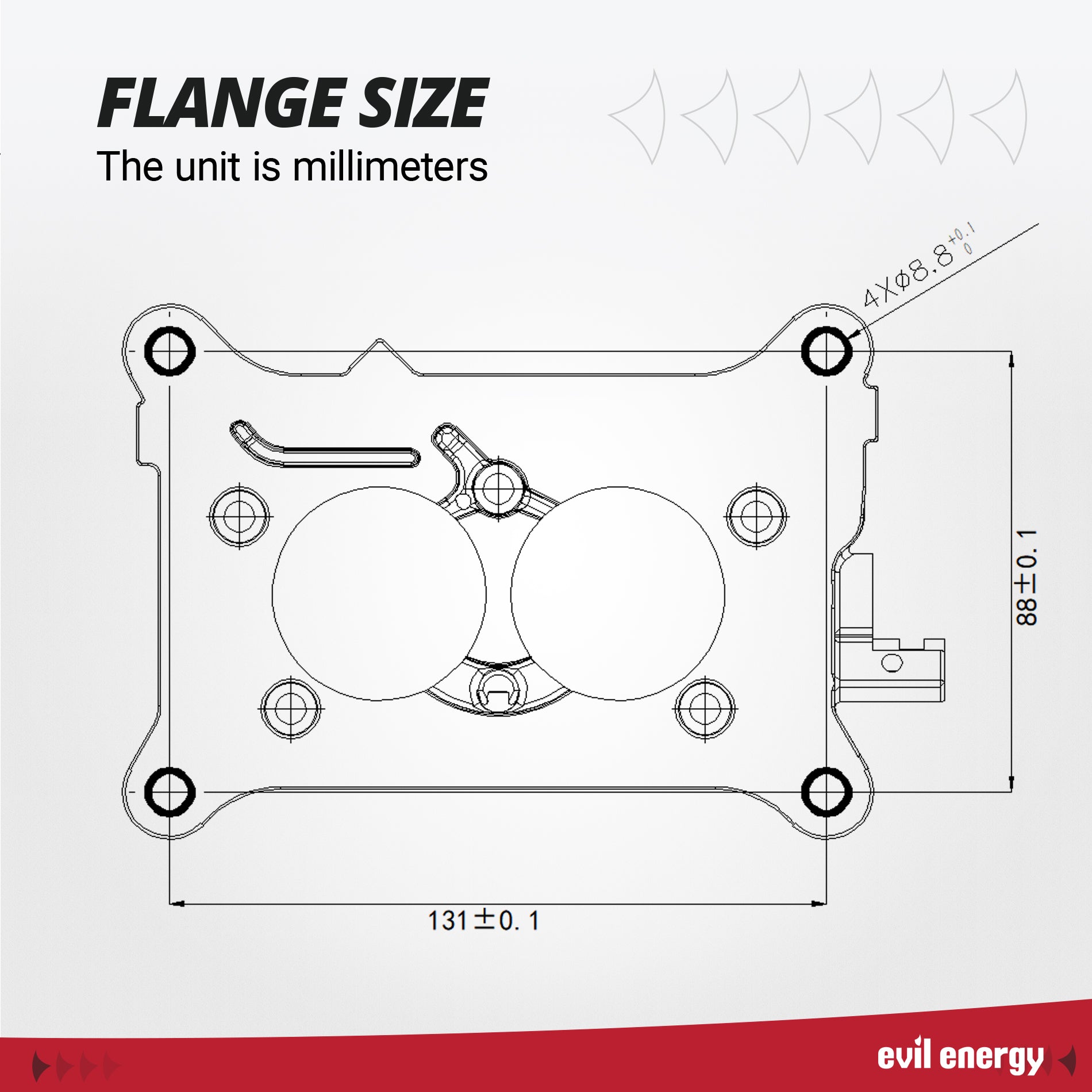 EVIL ENERGY carburetor flange dimension diagram: 131mm length, 88mm width, bolt spacing and bore sizes for easy compatibility check