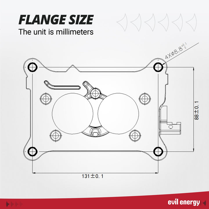 EVIL ENERGY carburetor flange dimension diagram: 131mm length, 88mm width, bolt spacing and bore sizes for easy compatibility check