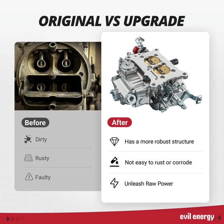 Before and after comparison of carburetors: dirty, rusty OEM unit vs upgraded Evil Energy 500 CFM 2-barrel carburetor with corrosion-resistant CNC-machined aluminum construction.