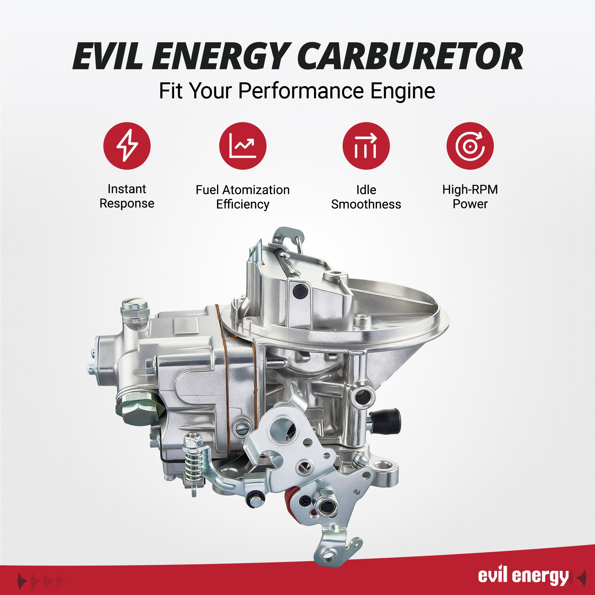 EVIL ENERGY carburetor in action: dynamic fuel flow visualization highlighting better throttle response, increased power, durable construction, and perfect idle quality