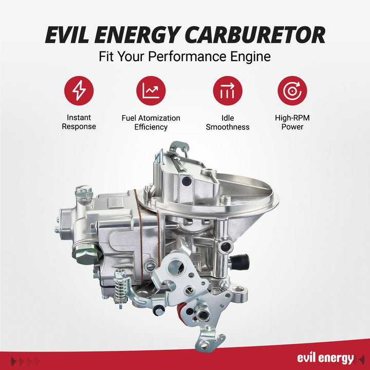 EVIL ENERGY carburetor in action: dynamic fuel flow visualization highlighting better throttle response, increased power, durable construction, and perfect idle quality