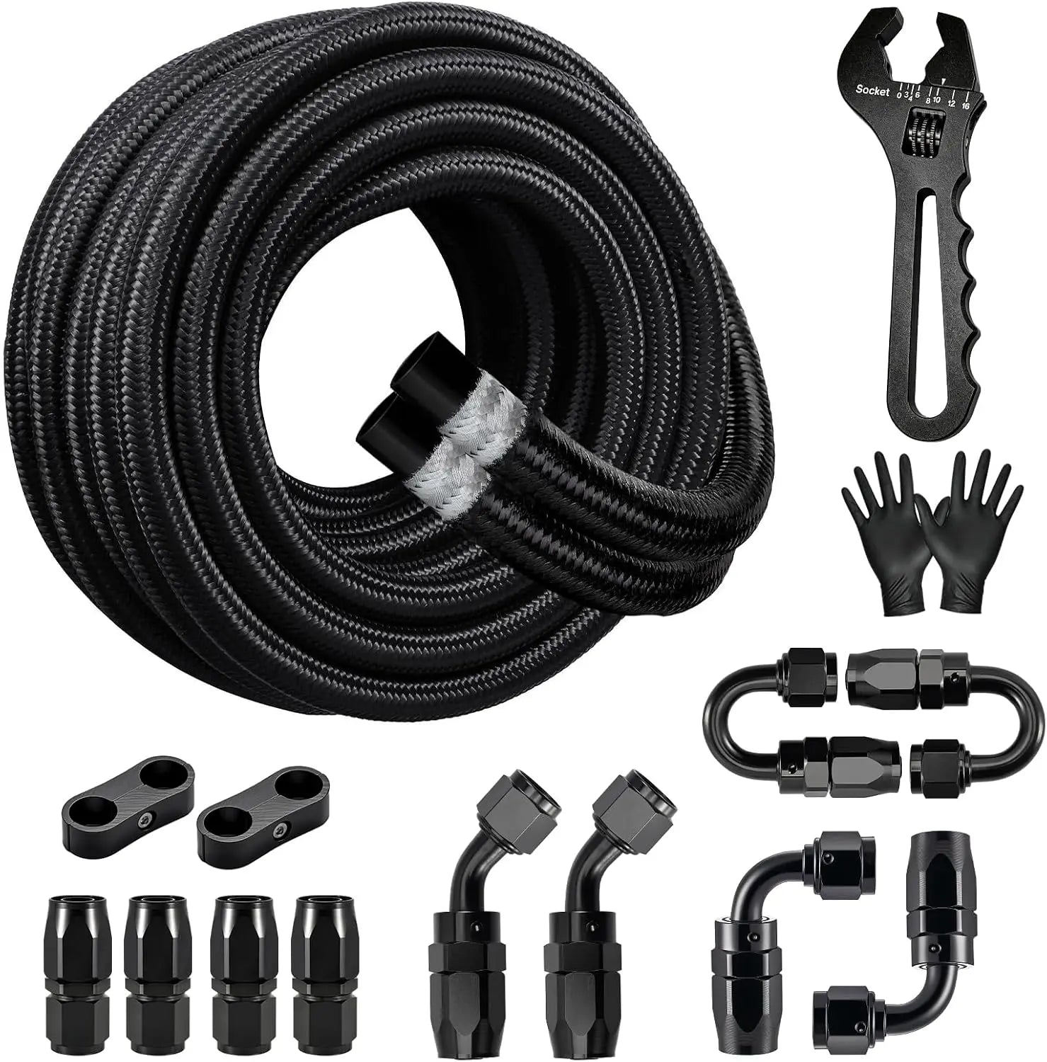 EVILENERGY EVIL ENERGY 6/8/10AN Fuel Line Kit with Adjustable Wrench, 6/8/10AN Hose Braided Fuel Line Hose With Fitting Kit CPE 16FT/20FT