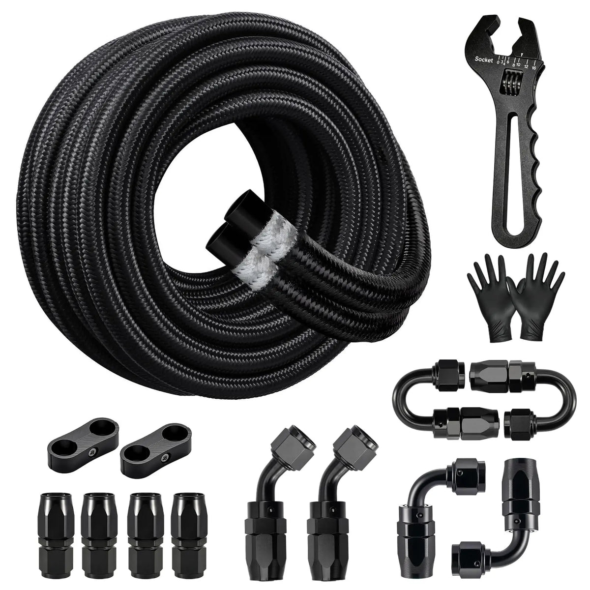 EVILENERGY EVIL ENERGY 6/8/10AN Fuel Line Kit with Adjustable Wrench, 6/8/10AN Hose Braided Fuel Line Hose With Fitting Kit CPE 16FT/20FT