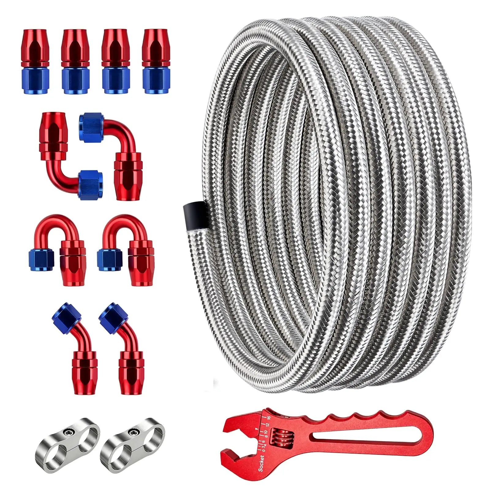 EVILENERGY EVIL ENERGY 6/8/10AN Fuel Line Kit with Adjustable Wrench, 6/8/10AN Hose Stainless Steel Fuel Line Fitting Kit CPE 20FT