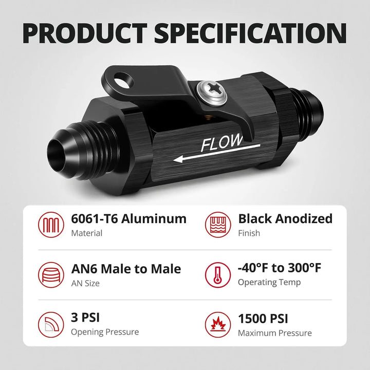 [6AN]EVILENERGY EVIL ENERGY 6/8/10AN Fuel Shut Off Valve, Male to Male Inline Fuel Cut Off Valve with Cable Lever, Aluminum Black