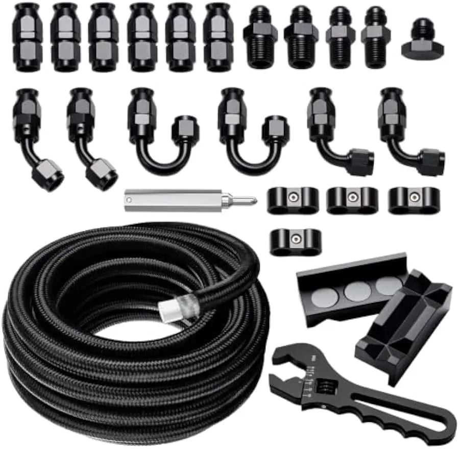 EVILENERGY EVIL ENERGY 6/8/10AN PTFE Fuel Line Kit 30FT, E85 Compatible PTFE Fuel Hose Kit, AN6 Nylon Braided Line Hose 5/16" ID with Adjustion Wrench
