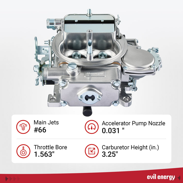 Front view of EVIL ENERGY 600 CFM 4-Barrel Carburetor showing #66 main jets, 0.031 inch accelerator pump nozzle, 1.563 inch throttle bore, and 3.25 inch height