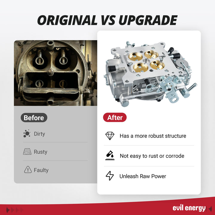 Before and after comparison showing EVIL ENERGY 600 CFM 4-Barrel Carburetor upgrade with stronger structure, rust resistance, and improved power
